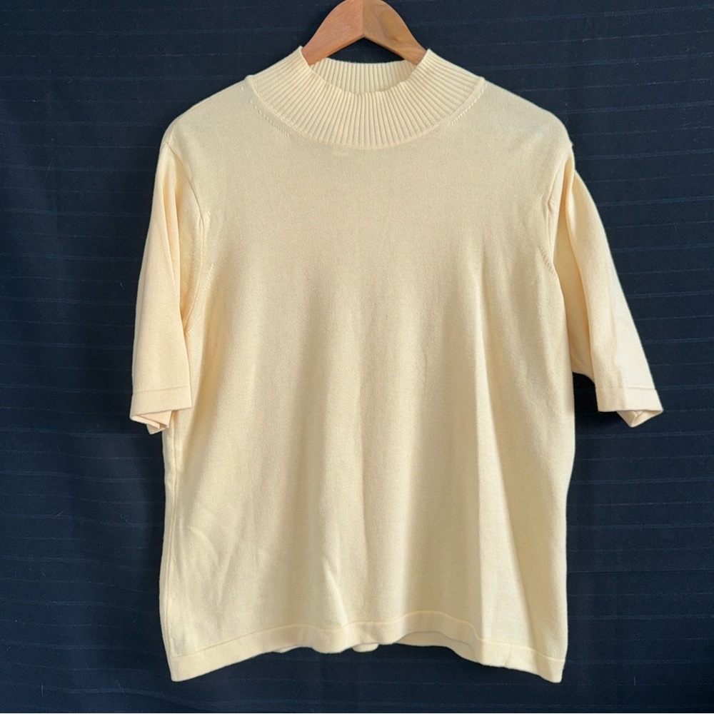 Talbots L Yellow Short Sleeve Mock Neck Knit Sweater Cotton Spring Preppy